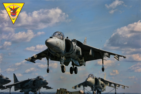 HMS ARK ROYAL - An AV-8B Harrier from Marine Corps Air Station Cherry Point conducts a landing aboard the HMS Ark Royal at sea.